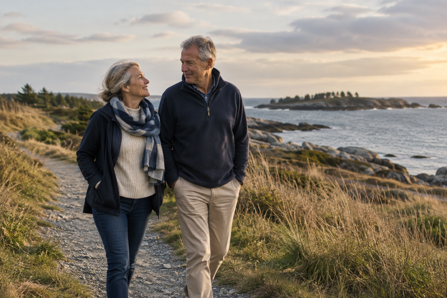 Illustrative couple walking together by the coast